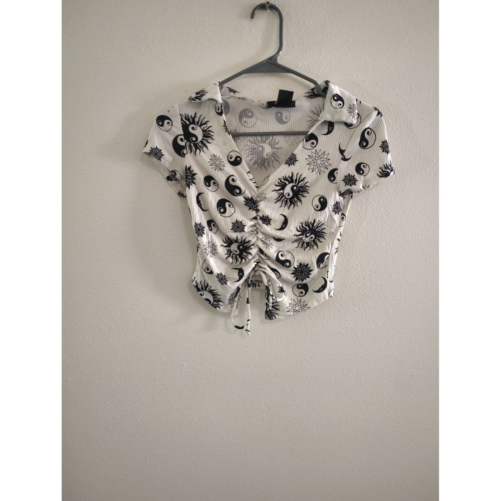 Just Polly New York Celestial Yin‎ Yang Sun Moon Ribbed Ruched Crop Top